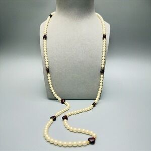 MONET Vintage Faux Pearl Dark Red Lucite Beaded Necklace 40" Opera Casual Chic